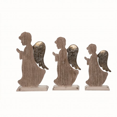 Transpac Wood Brown Christmas Praying Angel Decor Set Of 3 : Target