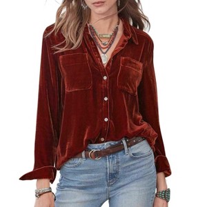 Clearlove Womens Winter Velvet Long Sleeve Button Down Casual Tops Shirts - 1 of 4