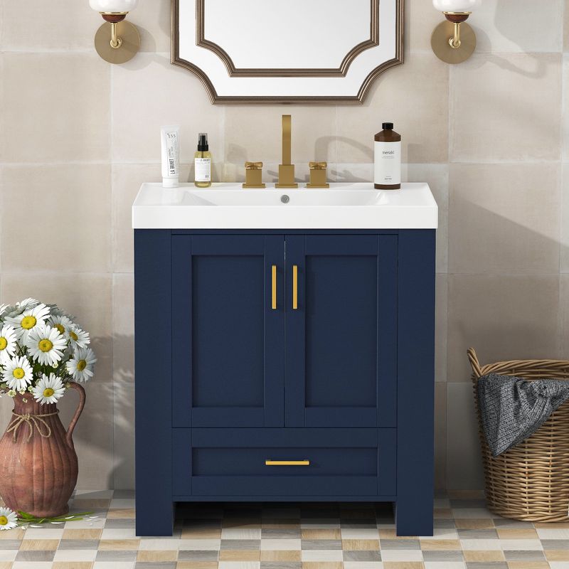 30" Bathroom Vanity with Single Sink, Drawer and Double Sided Storage Shelf, Navy Blue - ModernLuxe, 1 of 13