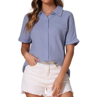 INSPIRE CHIC Women's Stand Collar Short Sleeve Button Down Shirts