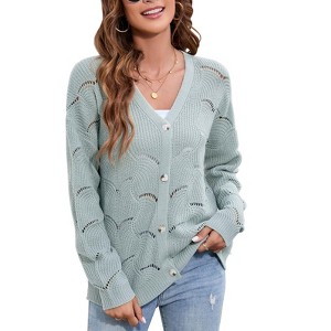 Clearlove Women’s Crochet Button-Up Cardigan Long Sleeve Boho Lace Knit Sweater Lightweight Openwork Cover-Up - 1 of 4