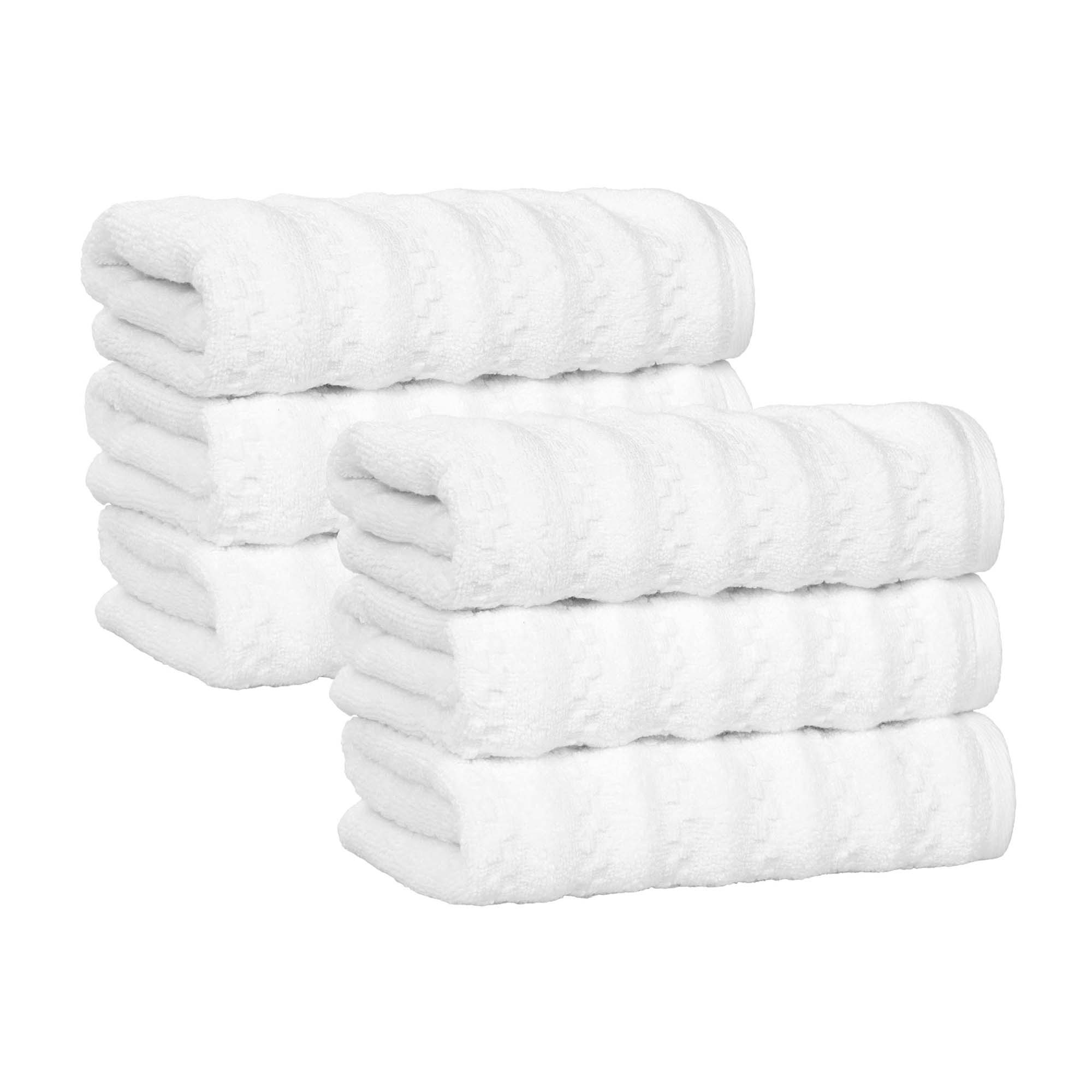 Waffle Textured Stripes Zero Twist Cotton Medium Weight Absorbent Hand Towels, Set of 6, White - Blue Nile Mills