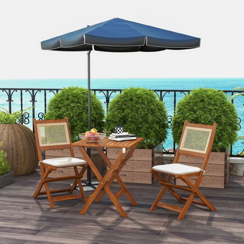 Outsunny 3 Pieces Patio Wicker Bistro Set Foldable Wooden Rattan Conversation Furniture Outdoor w/ Cushions, for Porch, Backyard, Garden, Light Teak, 3 of 7