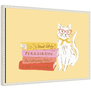 Kate and Laurel Framed Canvas Wall Art Print Book Lover Cat 4 by Krissy Mast, 24 x 18 Sylvie Beaded White Frame, Whimsical, Animal Art for Wall Decor - 1 of 4