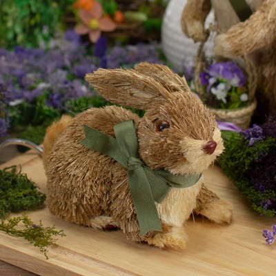 Brown Sisal Bunny Rabbit Figurine with Green Ribbon