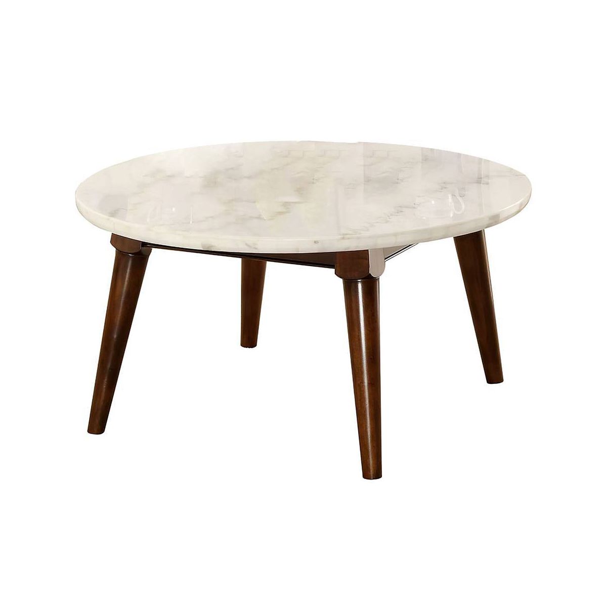 36" Gasha Coffee Table-White Marble Top & Walnut - Acme Furniture: Mid-Century Modern, Round, Wood Legs, No Tools Assembly - thumbnail 3