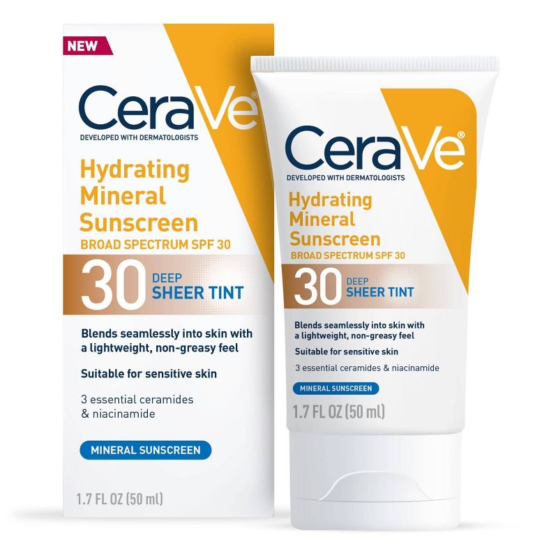 CeraVe Hydrating Mineral Tinted Face Sunscreen Lotion - SPF 30 - Deep - 1.7 fl oz: Unscented, Noncomedogenic, Paraben-Free, With Hyaluronic Acid