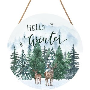 Lomsoe Winter Welcome Sign for Front Door Decor Farmhouse Winter Wood Door Hanger Rustic Hello Winter Round Hanging Sign Christmas Gift 8x8Inch - 1 of 1