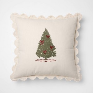 20"x20" Embroidered Tree and Scalloped Edge Pillow Cream - Threshold™ designed with Studio McGee - 1 of 4
