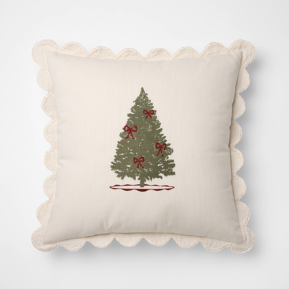 20"x20" Embroidered Tree and Scalloped Edge Pillow Cream - Threshold™ designed with Studio McGee