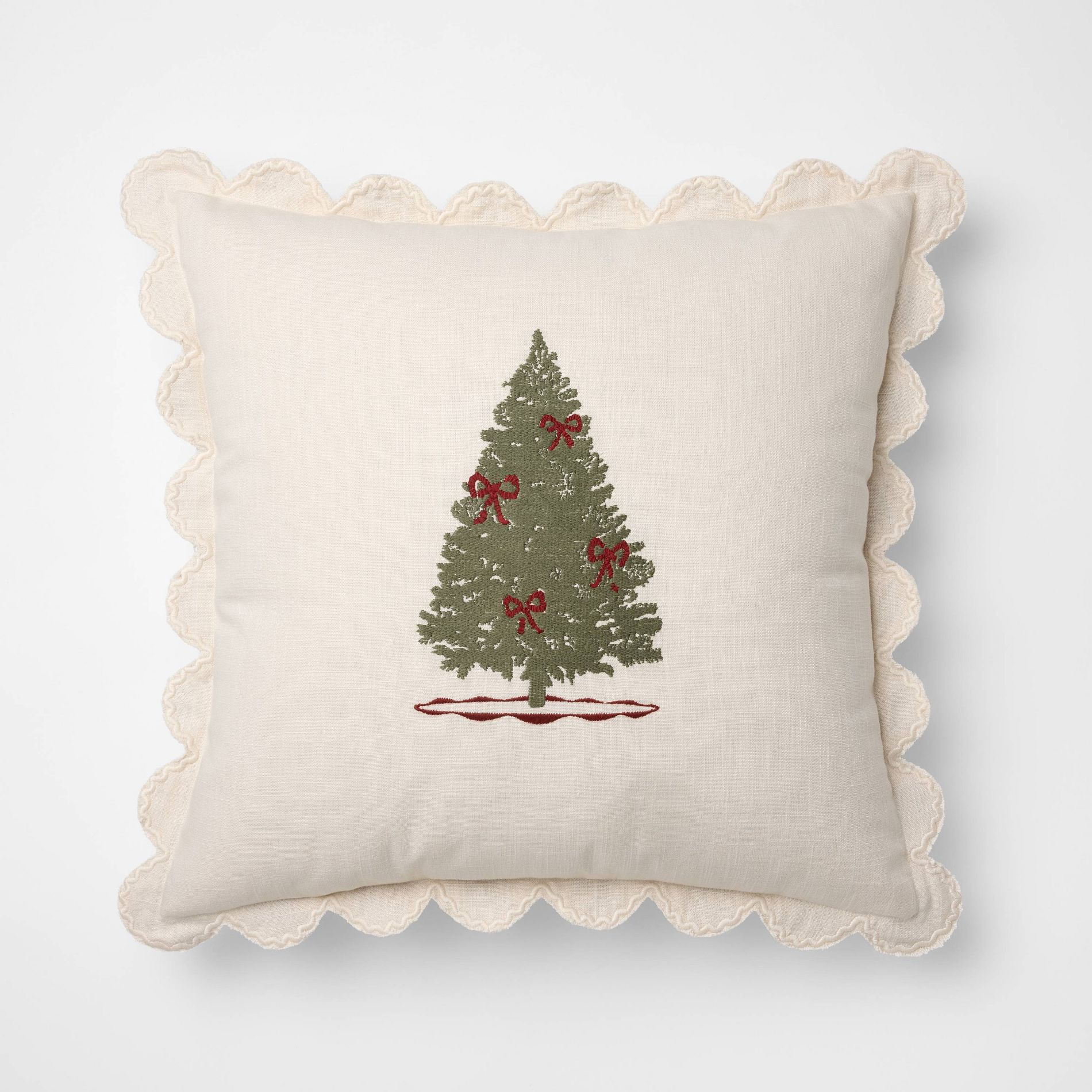20"x20" Embroidered Tree and Scalloped Edge Pillow Cream - Threshold™ designed with Studio McGee