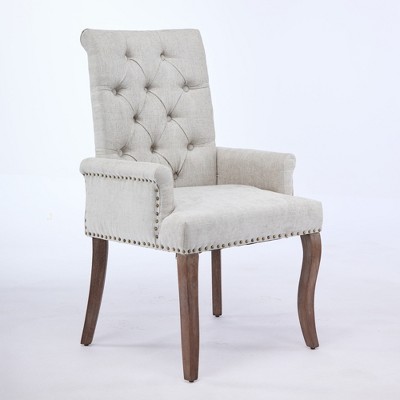Vynxaria Beige Upholstered Chenille Accent Dining Chair, Tufted with Curved Solid Wood Legs, Armchair for Dining Room/Kitchen, Single Pack