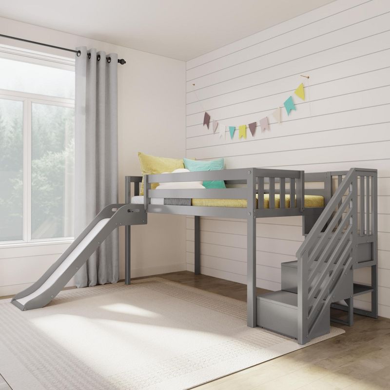 Max & Lily Twin Size Low Loft Bed with Slide and Stairs, Solid Wood Kids Platform Bed with 14” Guardrails, 2 of 6