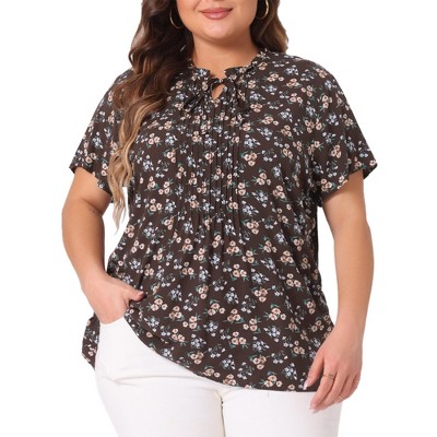 Agnes Orinda Women's Plus Size Ruffle Pleated Tie Short Sleeve Floral Casual Blouses