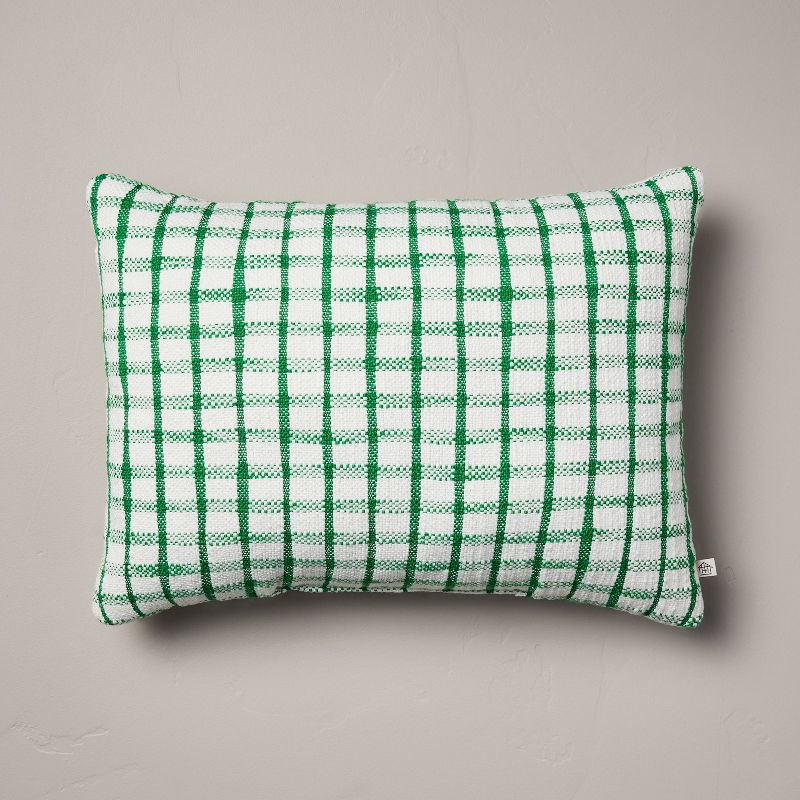 14&#34;x20&#34; Checkered Plaid Indoor/Outdoor Lumbar Throw Pillow Cream/Green - Hearth &#38; Hand&#8482; with Magnolia, 1 of 6