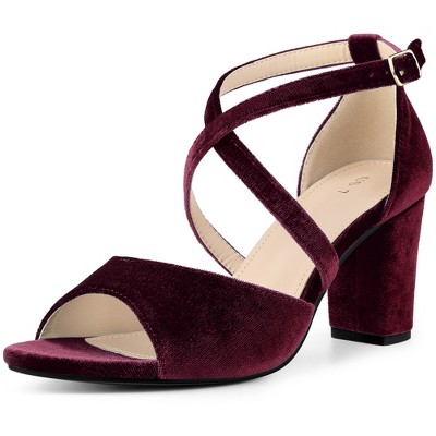 Perphy Women's Criss Cross Strap Faux Velvet Open Toe Block Heel Sandals