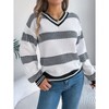 Women's V - Neck Color - Block Striped Lantern - Sleeve Pullover Sweater, Stylish and Cozy Knitwear for Fall and Winter - 4 of 4