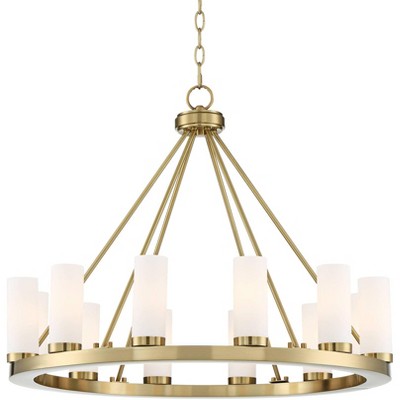 Stiffel French Brass Wagon Wheel Chandelier 29 1/2" Wide Modern White Milk Glass 12-Light Fixture for Dining Room