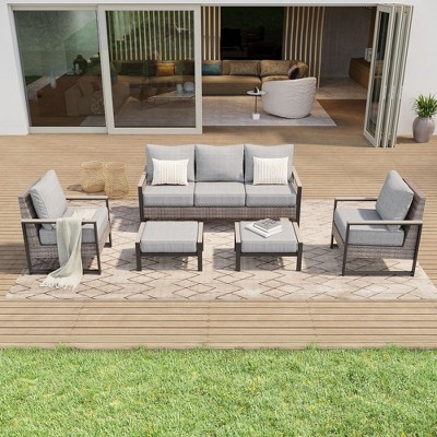 Sonkuki 5 Pieces Patio Sofa with Ottomans Set, All-Weather PE Rattan Wicker, Small Patio Conversation Couch with Cushion