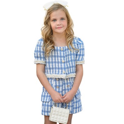 Blue Gingham Puff Sleeve Tweed Top and Short Set Mia Belle Girls