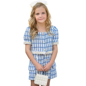 Blue Gingham Puff Sleeve Tweed Top and Short Set Mia Belle Girls - 1 of 4