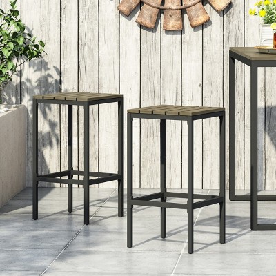 Coolbibila 30'' H Outdoor Height Bar Stools Set of 2,Modern Industrial Acacia Slat Seat Backless Bar stool,Metal Frame Bar Stools with Footrest