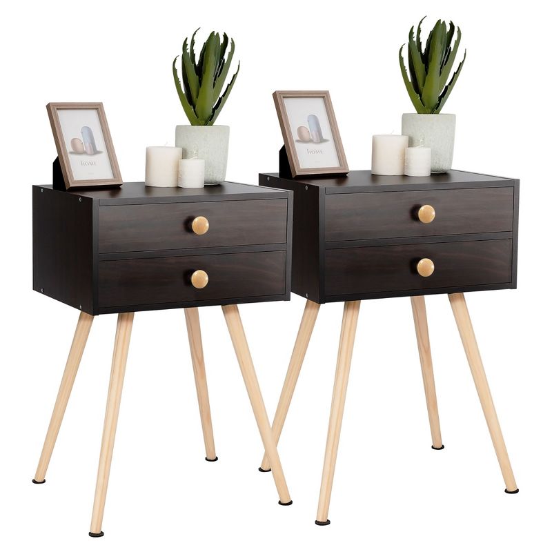 Costway 2 PCS Mid Century Modern 2 Drawers Nightstand Sofa Side Table End Table Espresso, 1 of 11