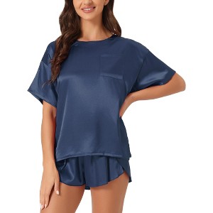 INSPIRE CHIC Women's Lounge Sets Satin Silky Short Sleeve T-shirt with Slit Elastic Shorts Sleepwear Pajama Set - 1 of 4