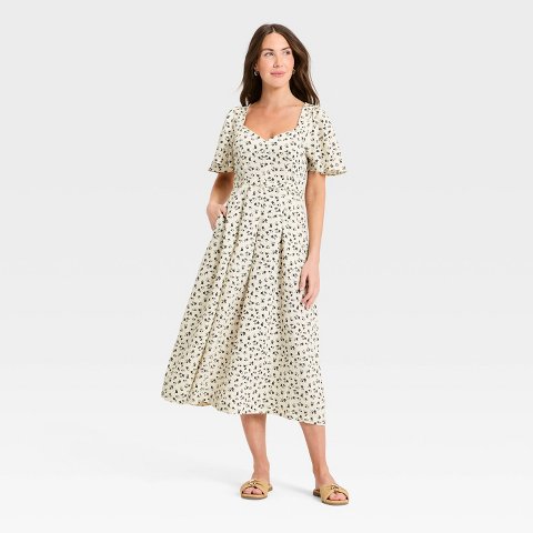 Женские платья A New Day Women's Flutter Sleeve Belted Midi Dress - A New Day™ Cream/Black Floral 12