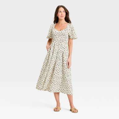 Women's Flutter Sleeve Belted Midi Dress - A New Day™ Cream/Black Floral 0