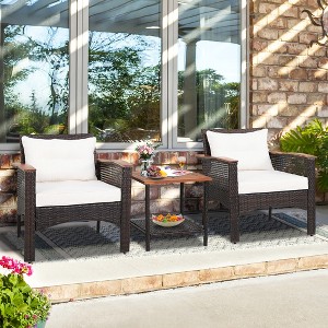 Costway 3PCS Patio Rattan Furniture Set Acacia Wood Table Top W/Shelf Cushioned - 1 of 4
