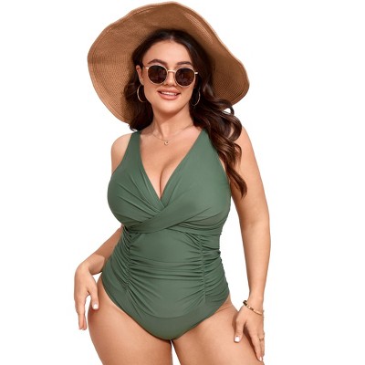 Women's Plus Size Tummy Control Swimsuit One Piece Slimming Bathing Suit Halter Push Up V Neck Swimwear