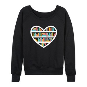 Women's - Instant Message - Heart Book Shelf Lightweight French Terry Wide Neck Long Sleeve Graphic Shirt - 1 of 4