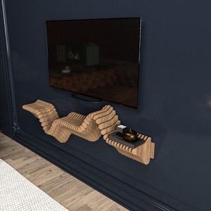 HomeStock Parametric 48 inch Floating Shelf TV Unit Modern Geometric Wooden Wall Piece Decor Natural Oak Color 3D Wavy Living and Gaming Room Shelf - 1 of 4