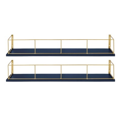 Navy Blue and Gold Chic 24" Wood and Metal Floating Wall Shelf Set