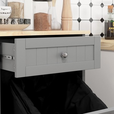 Gray Oak Kitchen Tilt Out Trash Bin Cabinet with Drawer