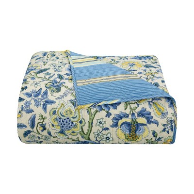 Twin Blue Cotton Reversible Floral Quilt Set
