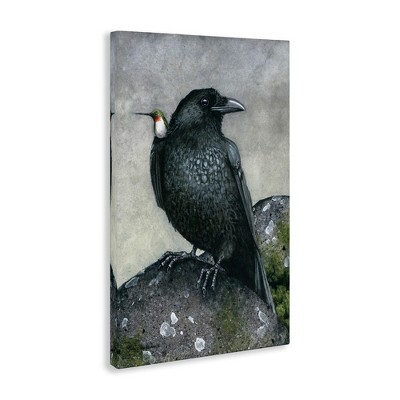 Crow and Hummingbird Perched Canvas Wall Art 16x24