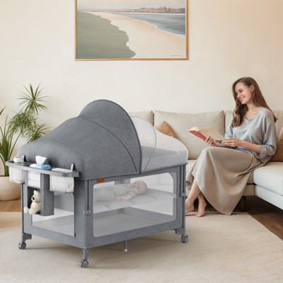 BabyBond 4 in 1 Baby Playard Baby Bassinet Beside Sleeper, Pack and Play, Diaper Changer with Mattress, Mosquito Net for Newborn to Toddles,Gray
