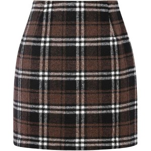Women's High Waist Plaid Skirt - Wool Blend Bodycon Pencil Mini Skirt Coffee - 1 of 4