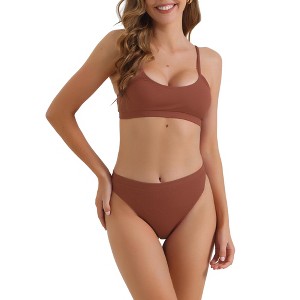 INSPIRE CHIC Women's Adjustable Spaghetti Straps Bikini Sets Ribbed High Waist Bottoms Swimwear Bathing Suits 2 Pieces - 1 of 4