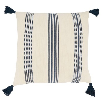 Oversized Navy and White Striped Cotton Throw Pillow Cover with Tassels