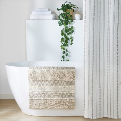 Boho Style Stripe Cotton Indoor Bath Rug, Woven Texture Machine Washable Heavy Shaggy Touch Bath Rug