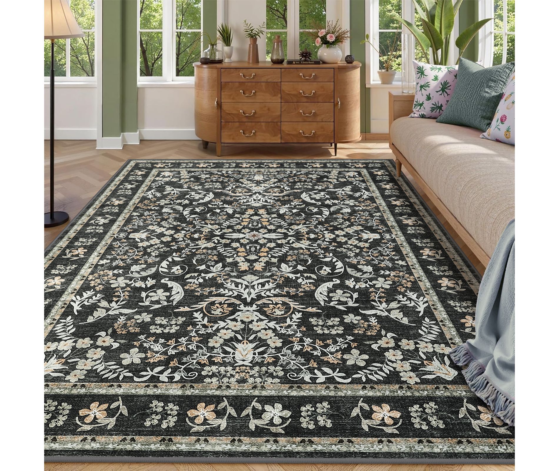 Washable Area Rug, 8x10 Boho Floral Soft Rugs for Living Room, Non Slip Low Pile Carpet for Bedroom, Dining Room, Nursery, Hallway, Black: Reversible
