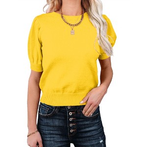 Coolmee Women's Puff Short Sleeve Sweater Tops Fashion Business Casual Knit Crew Neck T Shirts Outfits Work Blouses Clothes - 1 of 4