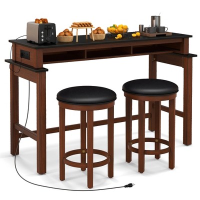 Tangkula 3-Piece Home Bar Set Counter Height Bar Table w/ 2 Upholstered Bar Stools Black & Walnut