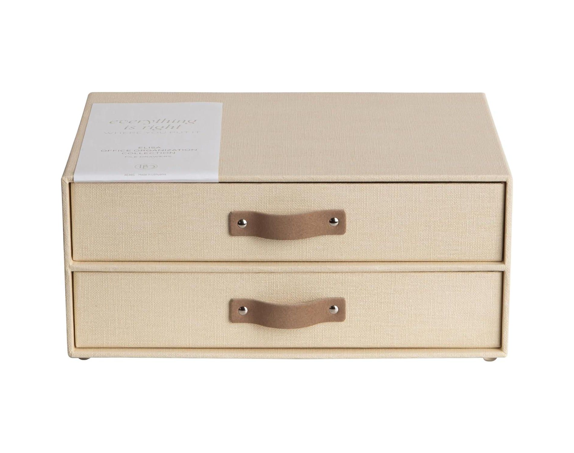 Bigso Birger 2-Drawer Desktop Organizer – A4/Letter Size Paper Storage with Leather Handles, Cream
