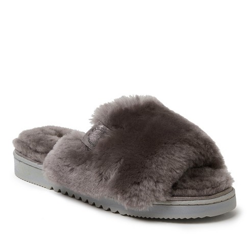 Fireside by Dearfoams Women's Cairns Genuine Shearling Slide with Metallic  Trim - Grey Size 10