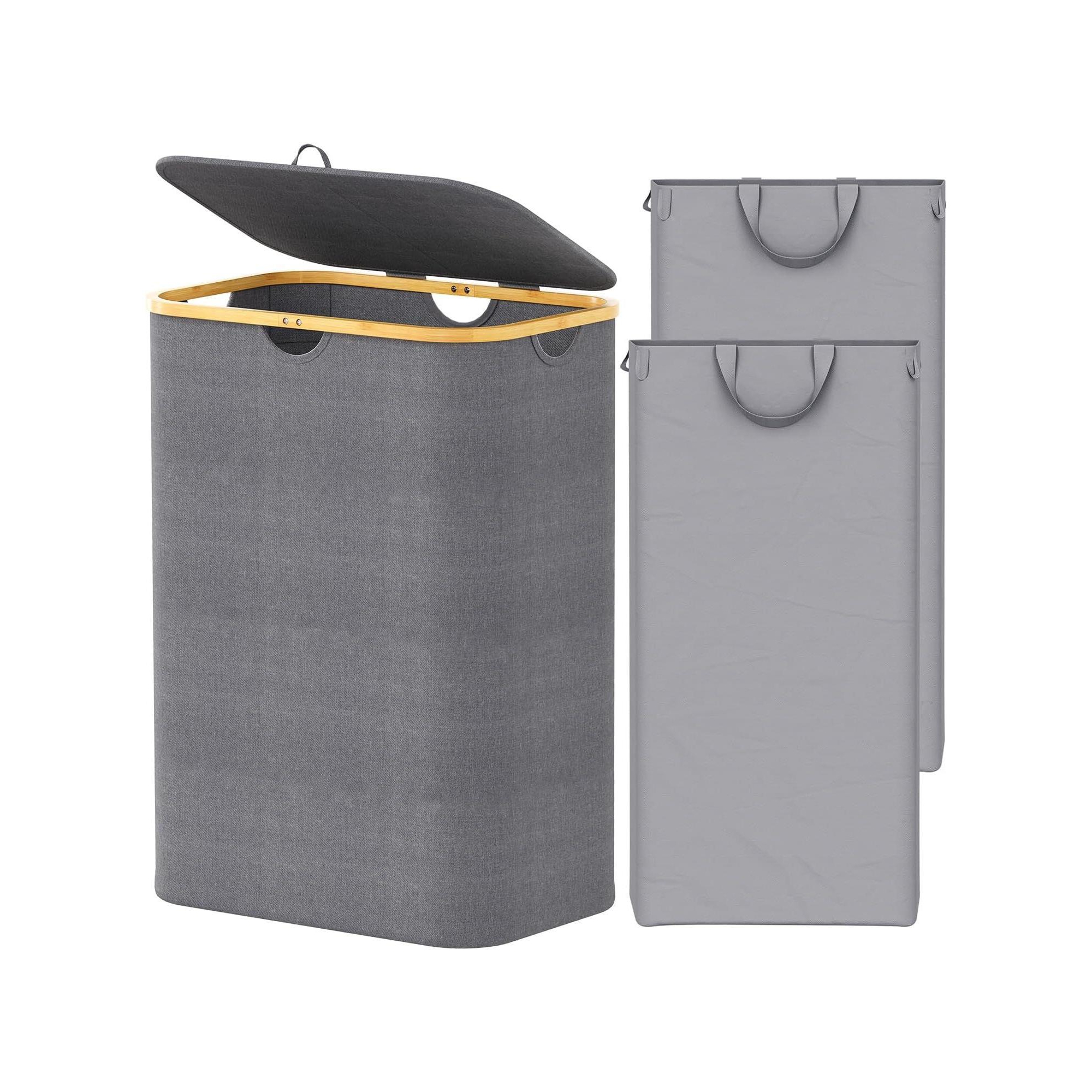 Laundry Hamper 2-compartment with 2 Removable Bags, 160L Collapsible Basket with Lid and Bamboo Handles – SpaceAid