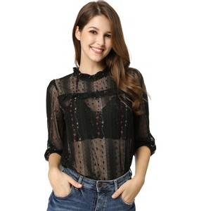 INSPIRE CHIC Women's 3/4 Sleeves Ruffle Mock Neck Sheer Lace Blouse - 1 of 4